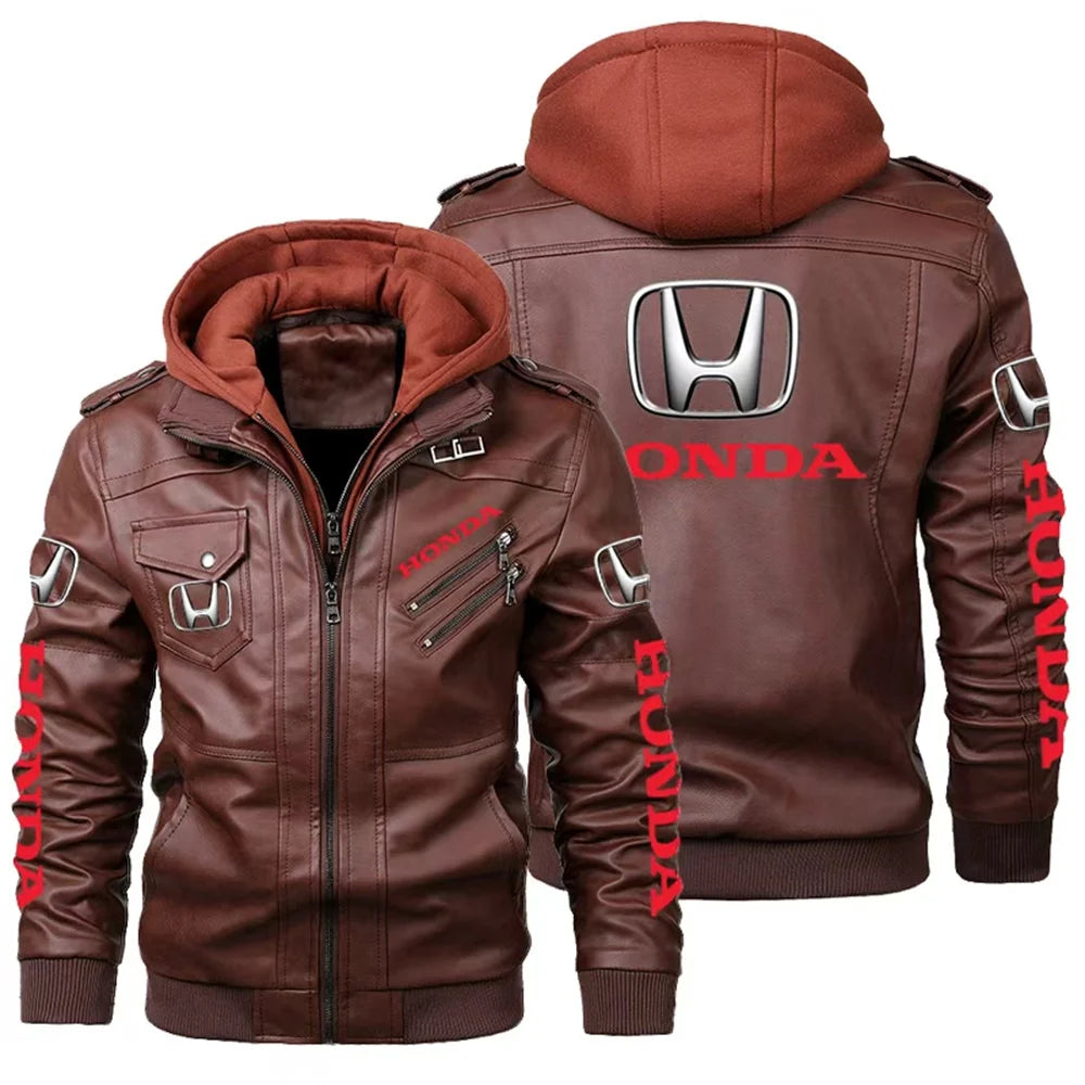 Men's Classic Honda Racing Work Bomber Jacket Zipper Design Leather Jacket Street Motorcycle Riding Windproof Leather Jacket
