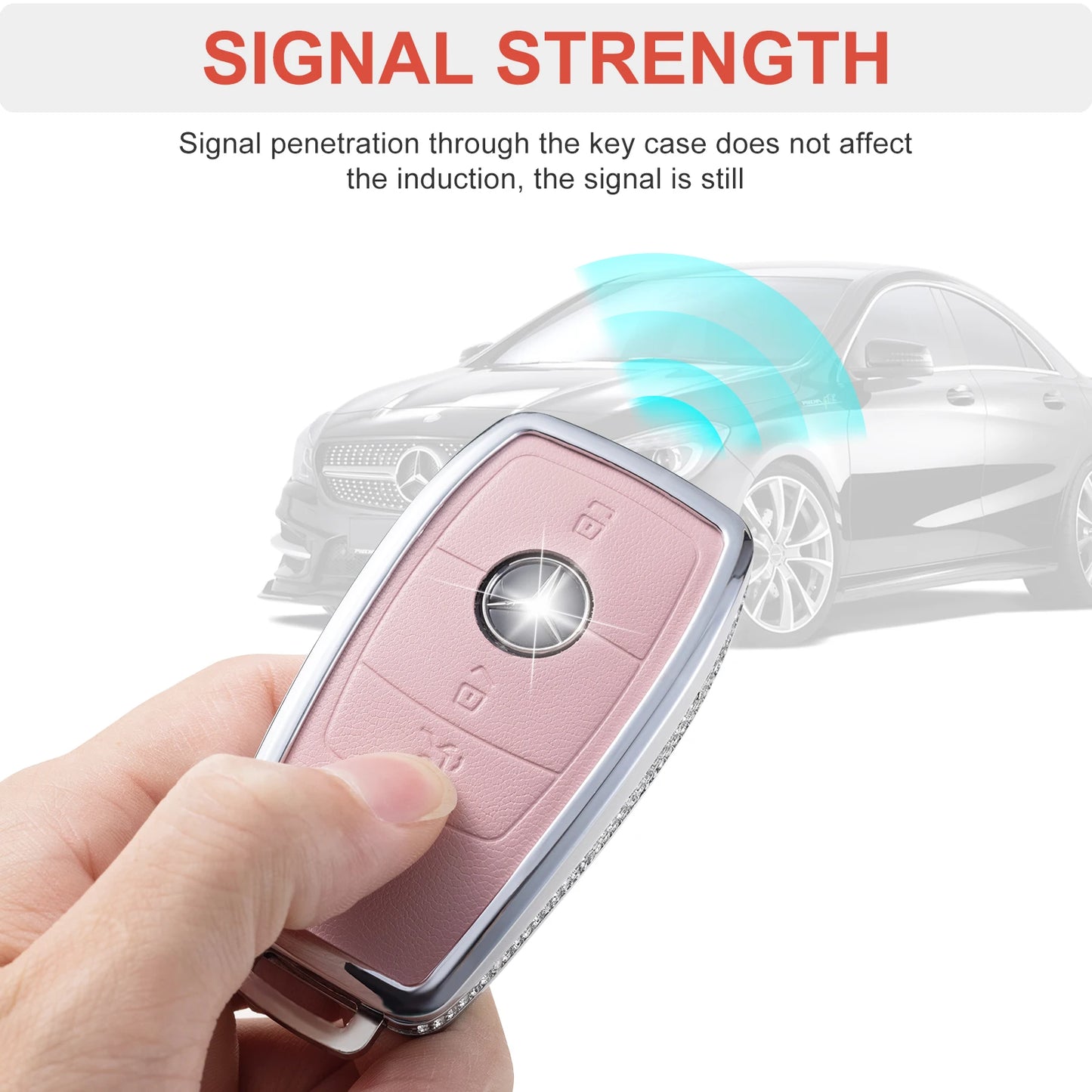 for Mercedes Benz Key Fob Cover with Keychain, Pink Genuine Leather Crystal Key Case Protection Shell Compatible with Mercedes