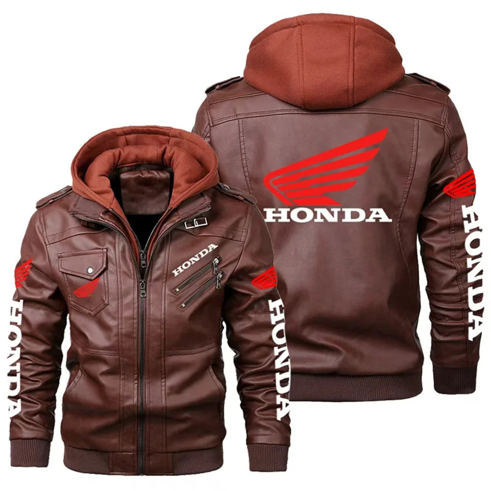 Men's Classic Honda Racing Work Bomber Jacket Zipper Design Leather Jacket Street Motorcycle Riding Windproof Leather Jacket