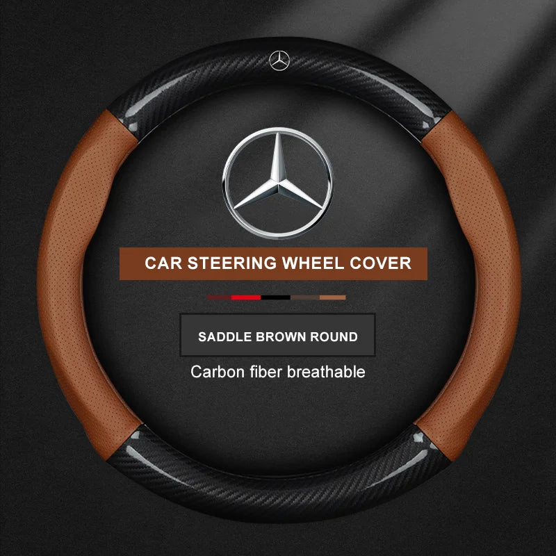 For Mercedes CLA GLA GLB GLE A B C E Class W203 W206 W205 W211 W212 W201 W210 Carbon Fiber Leather Car Logo Steering Wheel Cover