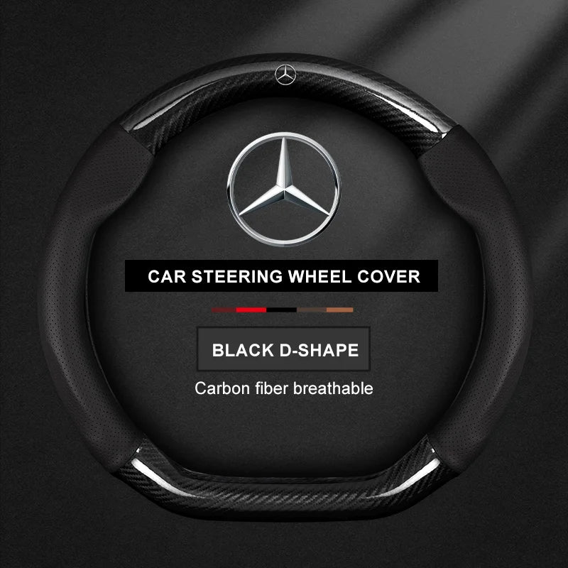 For Mercedes CLA GLA GLB GLE A B C E Class W203 W206 W205 W211 W212 W201 W210 Carbon Fiber Leather Car Logo Steering Wheel Cover