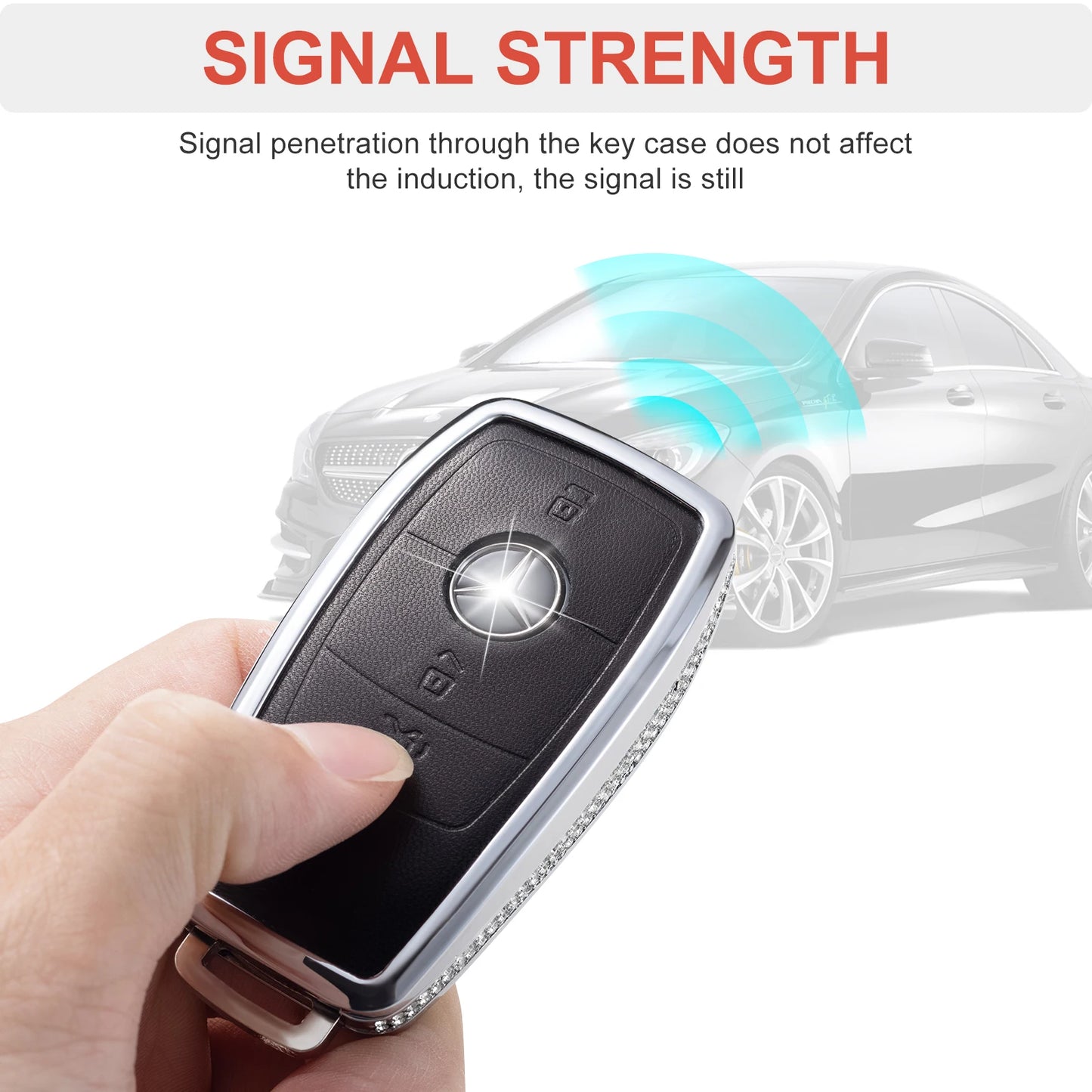 for Mercedes Benz Key Fob Cover with Keychain, Pink Genuine Leather Crystal Key Case Protection Shell Compatible with Mercedes