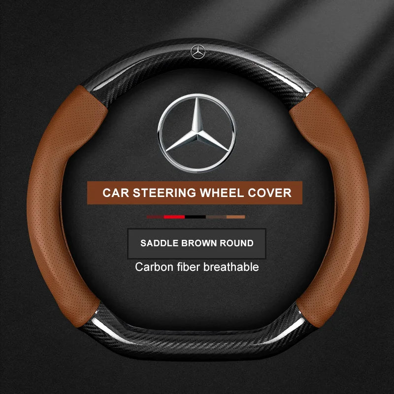 For Mercedes CLA GLA GLB GLE A B C E Class W203 W206 W205 W211 W212 W201 W210 Carbon Fiber Leather Car Logo Steering Wheel Cover