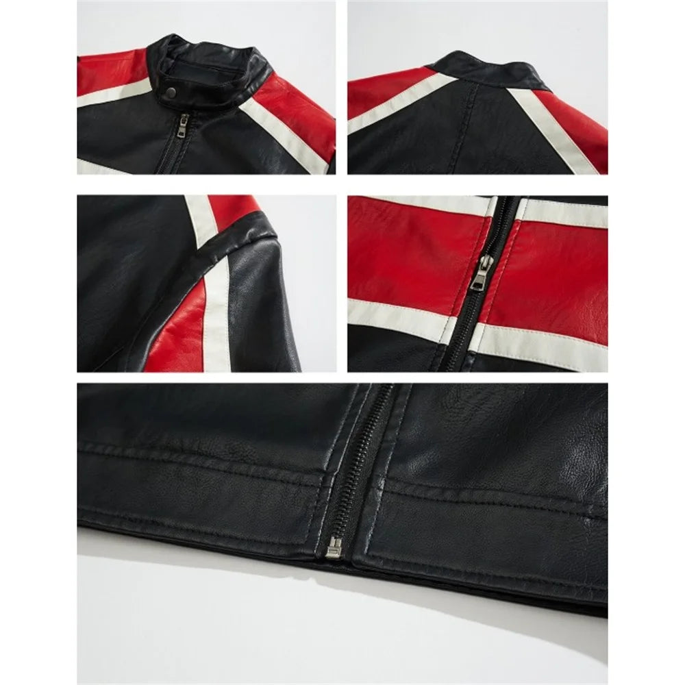 Honda leather jacket, stand-up collar, zipper design, contrasting colors, motorcycle windproof leather jacket, men's clothing