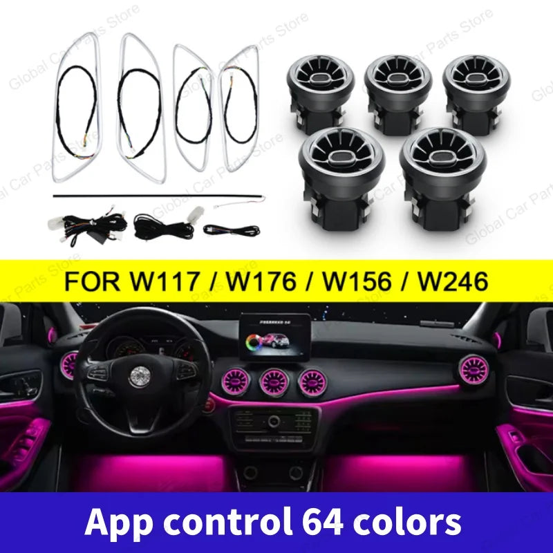 For Mercedes-Benz A CLA GLA W176 W117 W156 Led Car Air Vents Turbine Nozzle 12/64 Colors Ambient Light Kit Colors Vents Car Part
