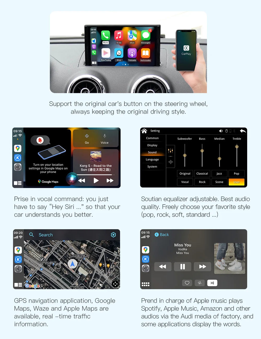 CarPlay Wireless Android Auto for 2013-2018 Audi A3 8v Q2 8P with Mirror Link AirPlay Bluetooth USB with Camera Support
