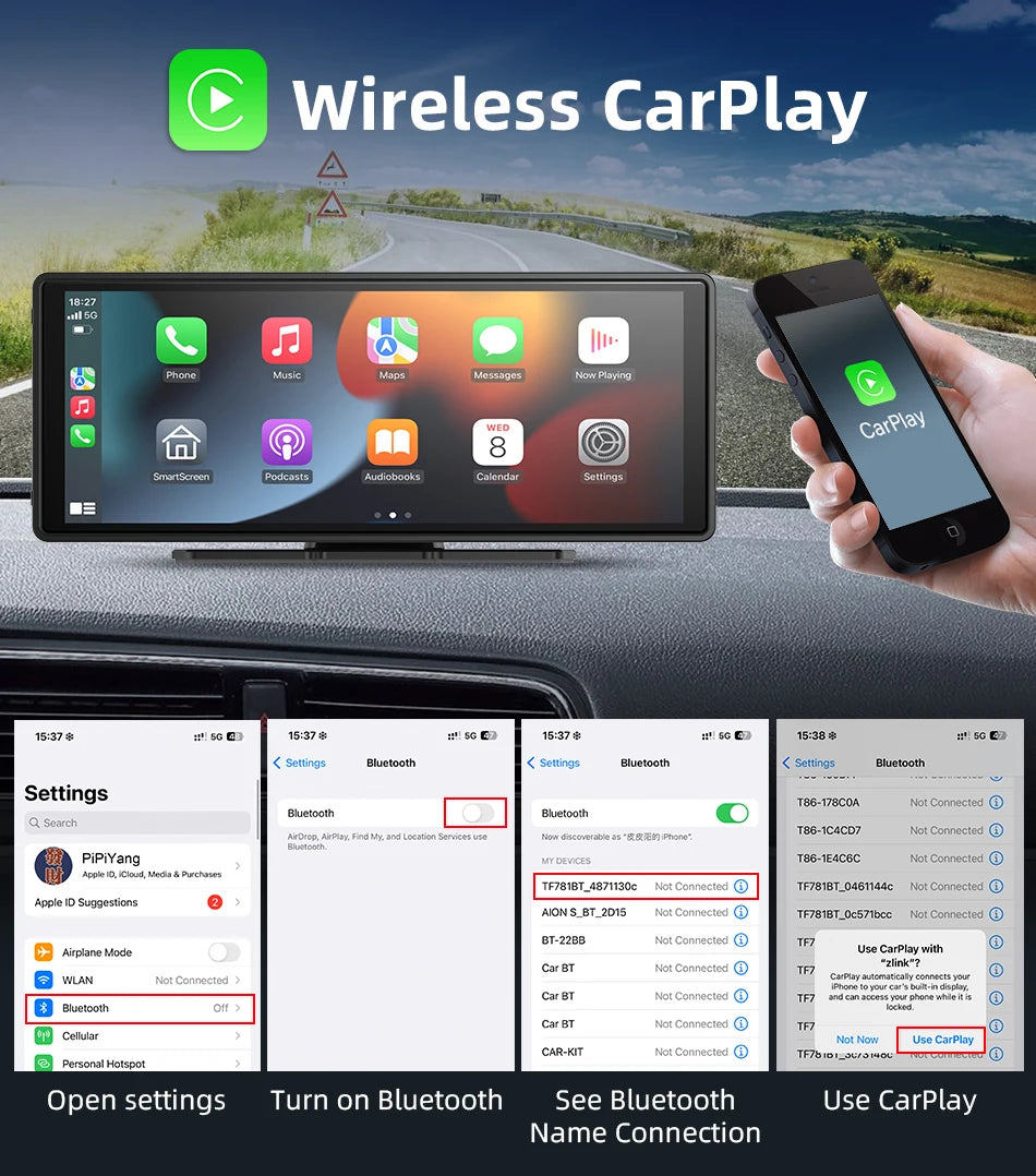 10.26 Inch Carplay & Android Auto 4K 2160P Wifi Dash Cam Rearview Camera Mirror Car DVR GPS Navigation Dual Lens Video Recorder