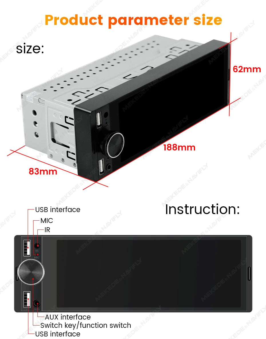 1DIN Universal MP5 6.86-Inch Car Radio Support Wireless Carplay Android AUTO AUX USB SWC BT Touch Screen Multimedia Video Player