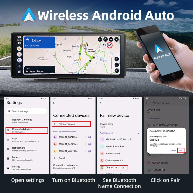 10.26 Inch Carplay & Android Auto 4K 2160P Wifi Dash Cam Rearview Camera Mirror Car DVR GPS Navigation Dual Lens Video Recorder