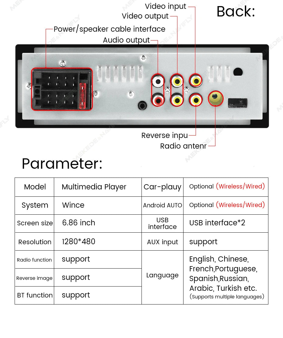 1DIN Universal MP5 6.86-Inch Car Radio Support Wireless Carplay Android AUTO AUX USB SWC BT Touch Screen Multimedia Video Player