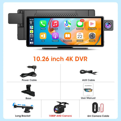 10.26 Inch Carplay & Android Auto 4K 2160P Wifi Dash Cam Rearview Camera Mirror Car DVR GPS Navigation Dual Lens Video Recorder