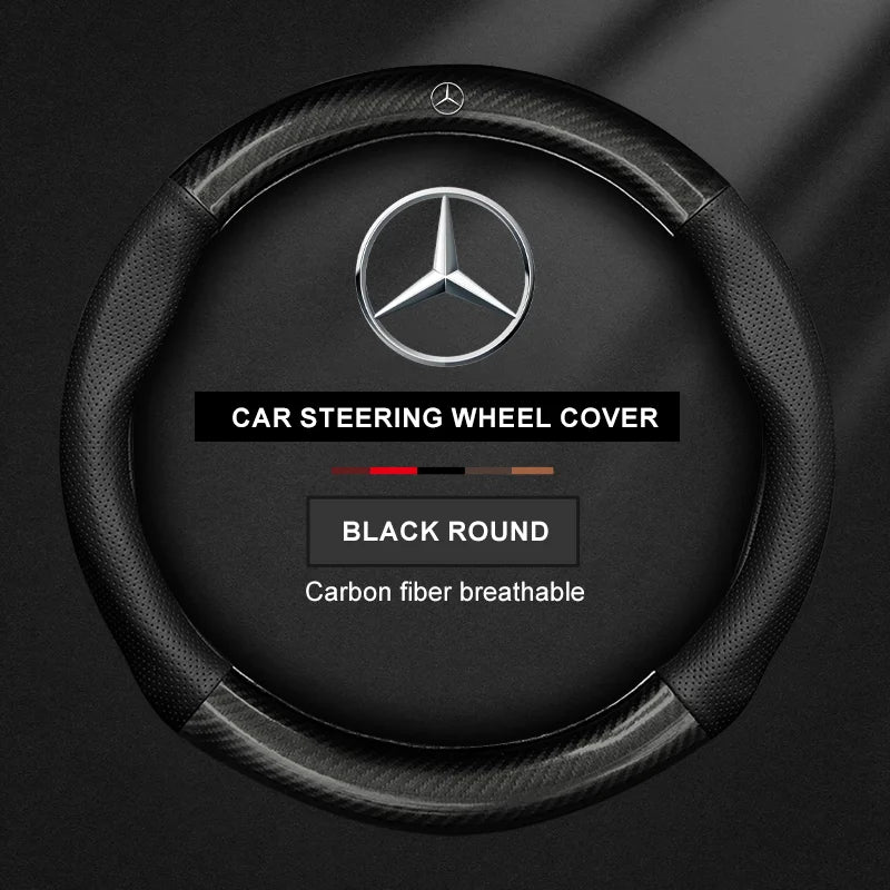 For Mercedes CLA GLA GLB GLE A B C E Class W203 W206 W205 W211 W212 W201 W210 Carbon Fiber Leather Car Logo Steering Wheel Cover