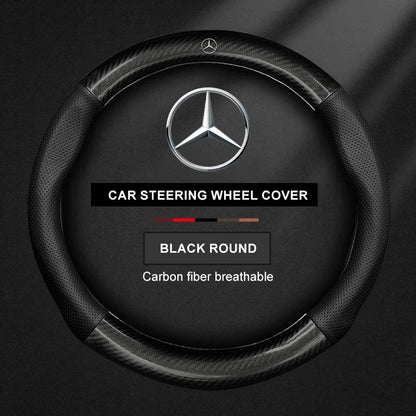 For Mercedes CLA GLA GLB GLE A B C E Class W203 W206 W205 W211 W212 W201 W210 Carbon Fiber Leather Car Logo Steering Wheel Cover