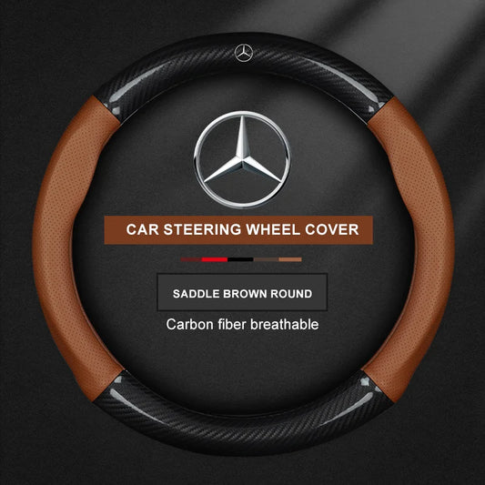 For Mercedes CLA GLA GLB GLE A B C E Class W203 W206 W205 W211 W212 W201 W210 Carbon Fiber Leather Car Logo Steering Wheel Cover