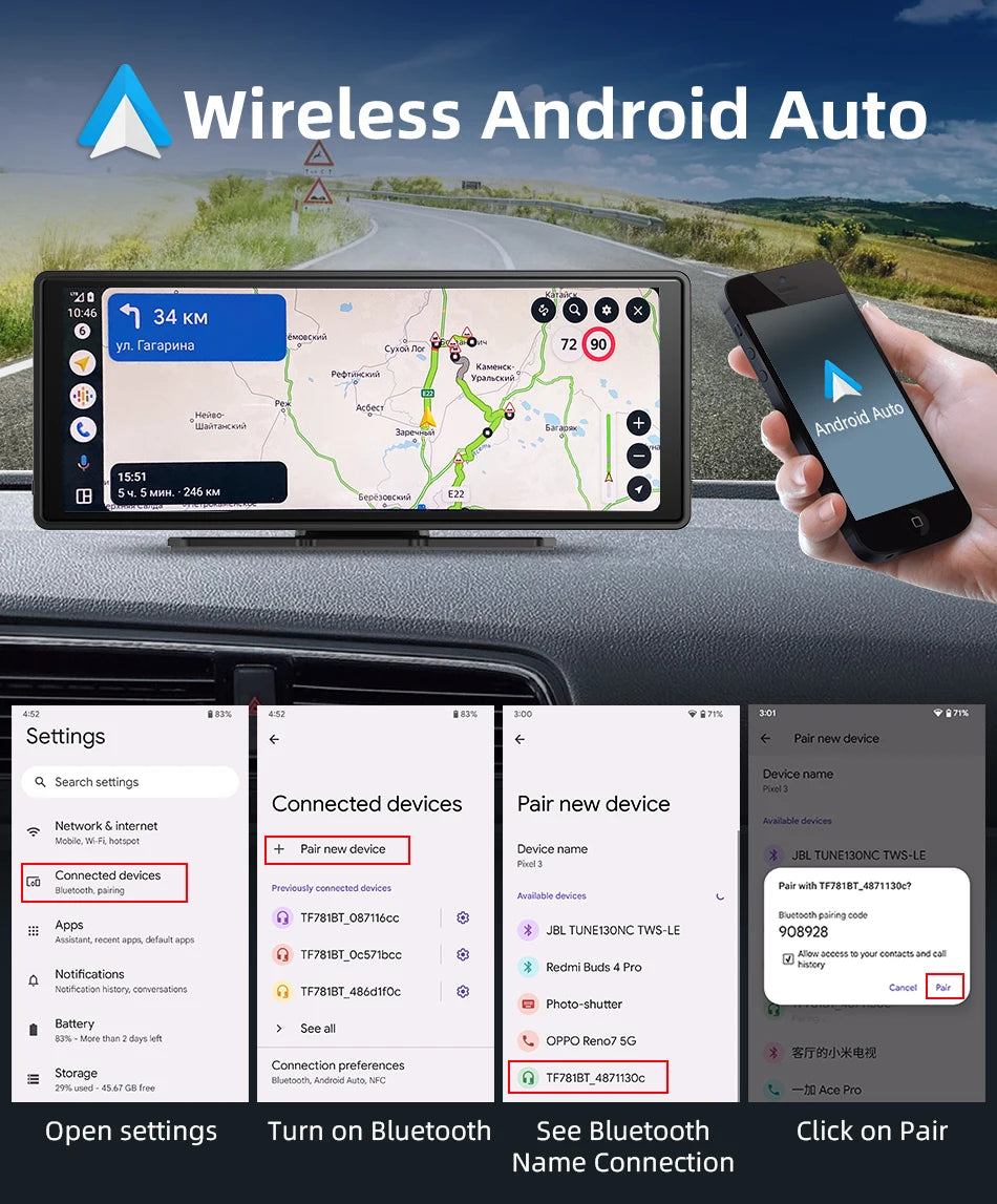 10.26 Inch Carplay & Android Auto 4K 2160P Wifi Dash Cam Rearview Camera Mirror Car DVR GPS Navigation Dual Lens Video Recorder