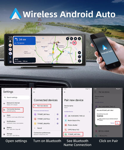 10.26 Inch Carplay & Android Auto 4K 2160P Wifi Dash Cam Rearview Camera Mirror Car DVR GPS Navigation Dual Lens Video Recorder