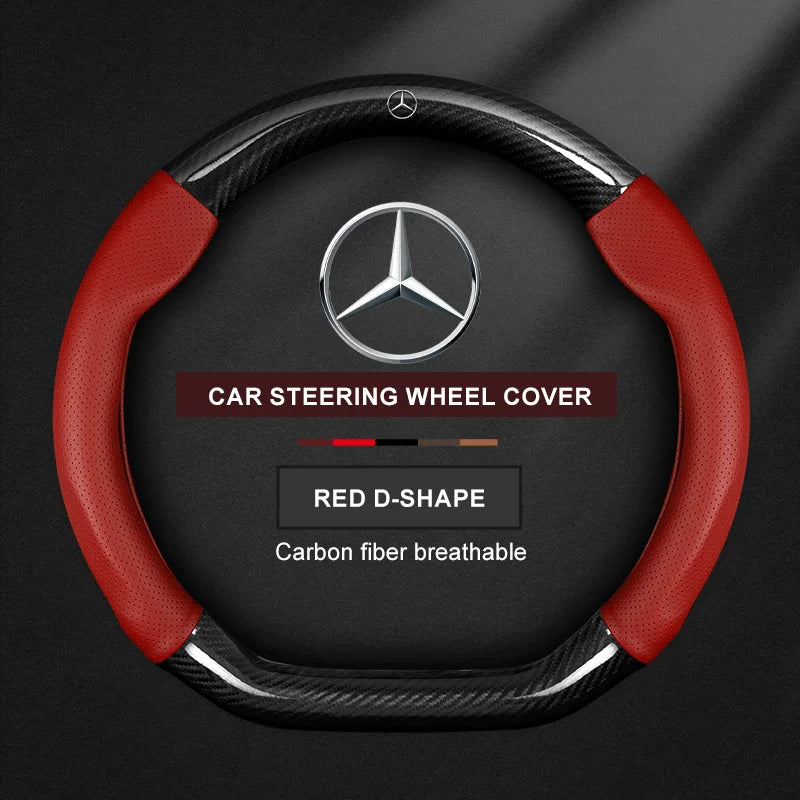 For Mercedes CLA GLA GLB GLE A B C E Class W203 W206 W205 W211 W212 W201 W210 Carbon Fiber Leather Car Logo Steering Wheel Cover