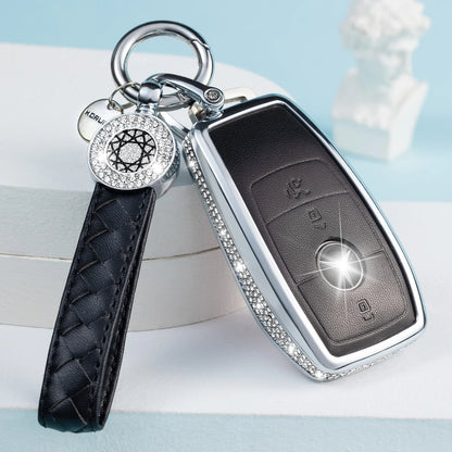 for Mercedes Benz Key Fob Cover with Keychain, Pink Genuine Leather Crystal Key Case Protection Shell Compatible with Mercedes