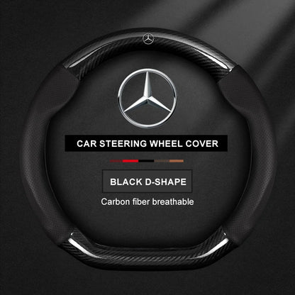 For Mercedes CLA GLA GLB GLE A B C E Class W203 W206 W205 W211 W212 W201 W210 Carbon Fiber Leather Car Logo Steering Wheel Cover