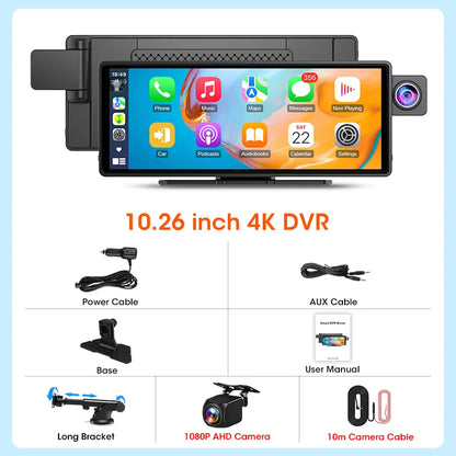 10.26 Inch Carplay & Android Auto 4K 2160P Wifi Dash Cam Rearview Camera Mirror Car DVR GPS Navigation Dual Lens Video Recorder