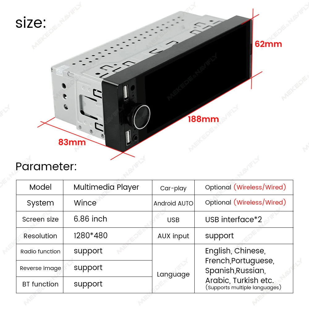 1DIN Universal MP5 6.86-Inch Car Radio Support Wireless Carplay Android AUTO AUX USB SWC BT Touch Screen Multimedia Video Player