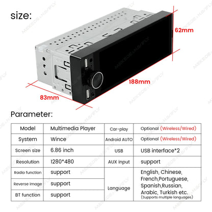 1DIN Universal MP5 6.86-Inch Car Radio Support Wireless Carplay Android AUTO AUX USB SWC BT Touch Screen Multimedia Video Player