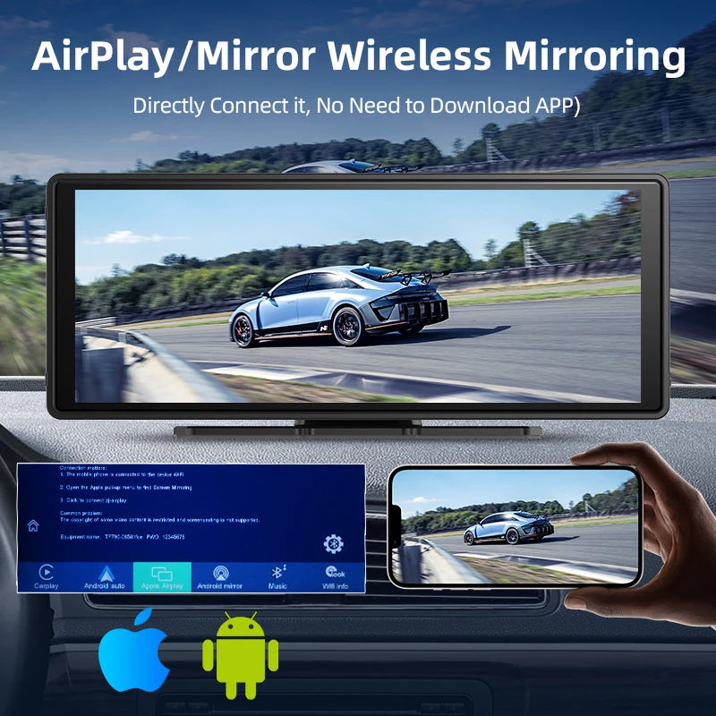 10.26 Inch Carplay & Android Auto 4K 2160P Wifi Dash Cam Rearview Camera Mirror Car DVR GPS Navigation Dual Lens Video Recorder