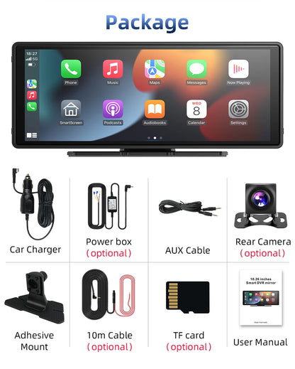 10.26 Inch Carplay & Android Auto 4K 2160P Wifi Dash Cam Rearview Camera Mirror Car DVR GPS Navigation Dual Lens Video Recorder