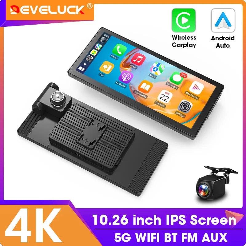 10.26 Inch Carplay & Android Auto 4K 2160P Wifi Dash Cam Rearview Camera Mirror Car DVR GPS Navigation Dual Lens Video Recorder