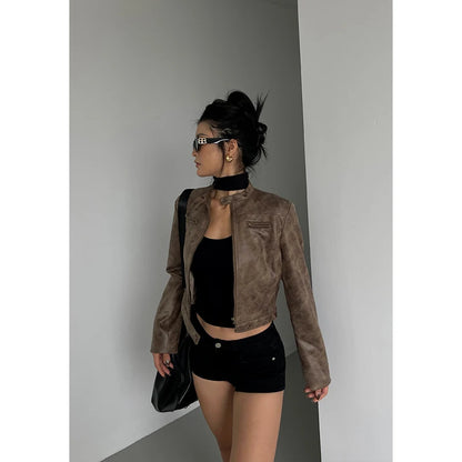 WOMENGAGA Stand Collar Jacket Leather Short Coat Women Autumn New Straight Tube Slim Short Motorcycle Jacket Korean Sweet D8FN
