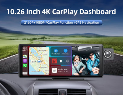 10.26 Inch Carplay & Android Auto 4K 2160P Wifi Dash Cam Rearview Camera Mirror Car DVR GPS Navigation Dual Lens Video Recorder