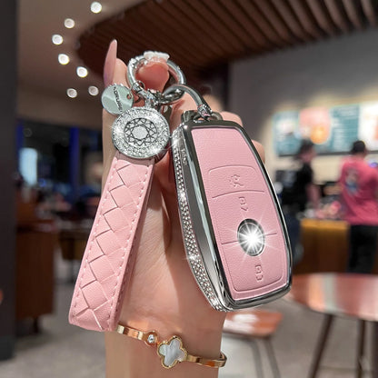 for Mercedes Benz Key Fob Cover with Keychain, Pink Genuine Leather Crystal Key Case Protection Shell Compatible with Mercedes