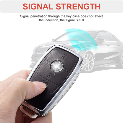 for Mercedes Benz Key Fob Cover with Keychain, Pink Genuine Leather Crystal Key Case Protection Shell Compatible with Mercedes