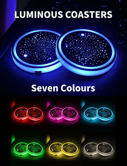 2PCS LED Cup Holder Lights for Car, Rechargeable 7 Color-Changing Light Up Cup Holder Insert Coasters, Car Accessories for Teens