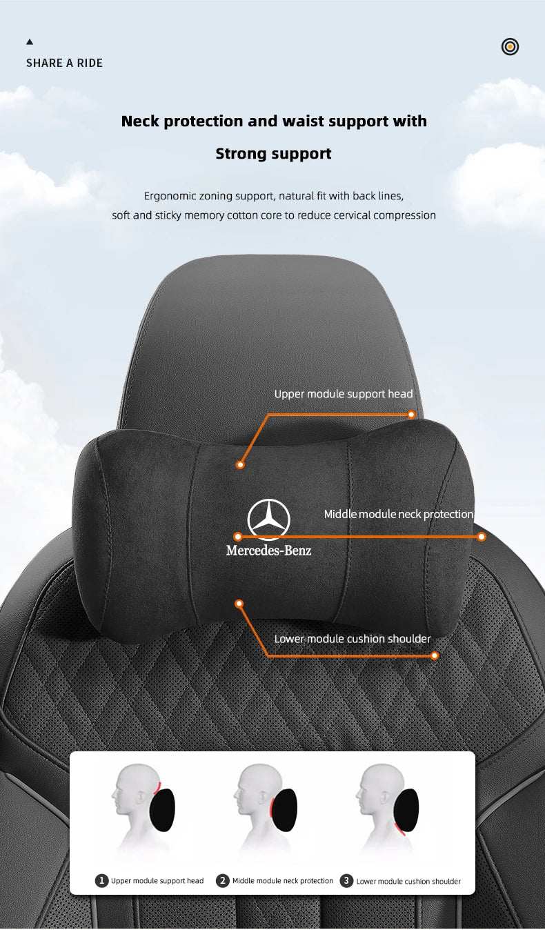 Suede Headrest Car Breathable Memory Foam Neck Pillow For Benz AMG W203 W206 W220 W205 W211 W212 W201 W210 W108 W168 GLC W176