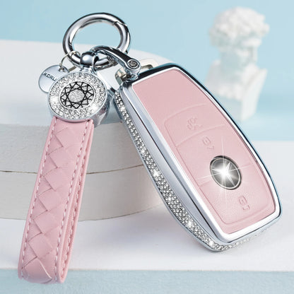 for Mercedes Benz Key Fob Cover with Keychain, Pink Genuine Leather Crystal Key Case Protection Shell Compatible with Mercedes