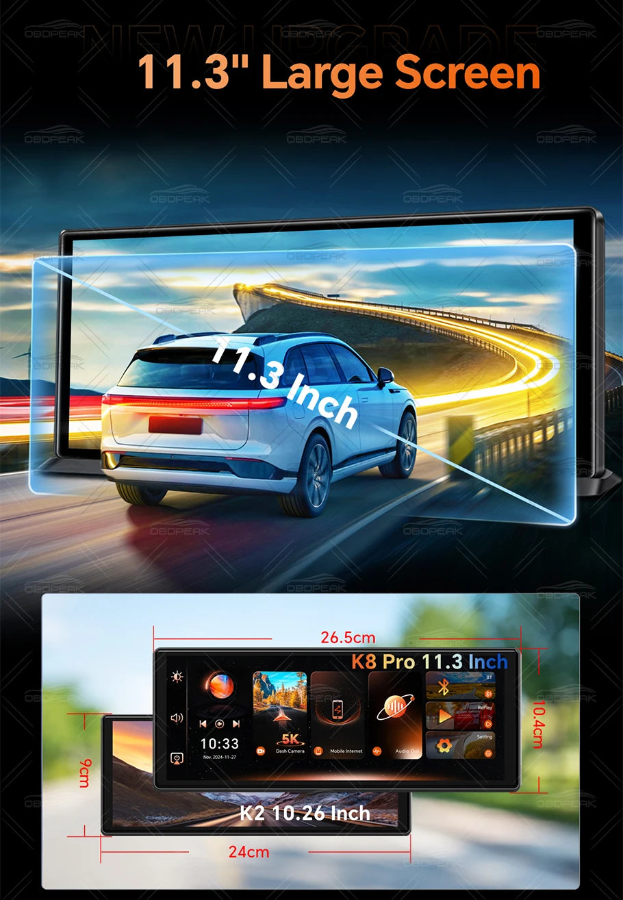 K8 Pro 11.3"  Touch Screen Car Camera 5K Dash Cam GPS 5G WiFi Wireless CarPlay & Android Auto Loop Recording GPS Navigation DVR