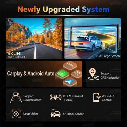 K8 Pro 11.3"  Touch Screen Car Camera 5K Dash Cam GPS 5G WiFi Wireless CarPlay & Android Auto Loop Recording GPS Navigation DVR