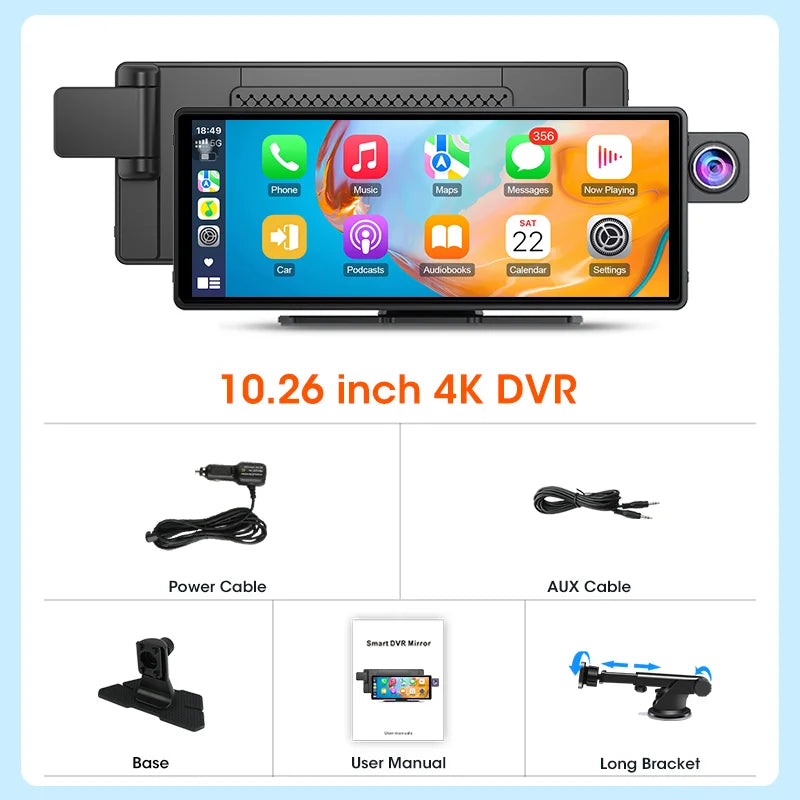 10.26 Inch Carplay & Android Auto 4K 2160P Wifi Dash Cam Rearview Camera Mirror Car DVR GPS Navigation Dual Lens Video Recorder