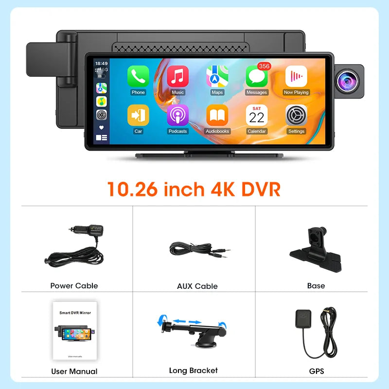 10.26 Inch Carplay & Android Auto 4K 2160P Wifi Dash Cam Rearview Camera Mirror Car DVR GPS Navigation Dual Lens Video Recorder