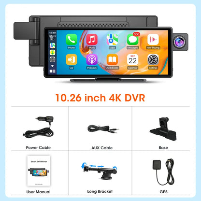 10.26 Inch Carplay & Android Auto 4K 2160P Wifi Dash Cam Rearview Camera Mirror Car DVR GPS Navigation Dual Lens Video Recorder