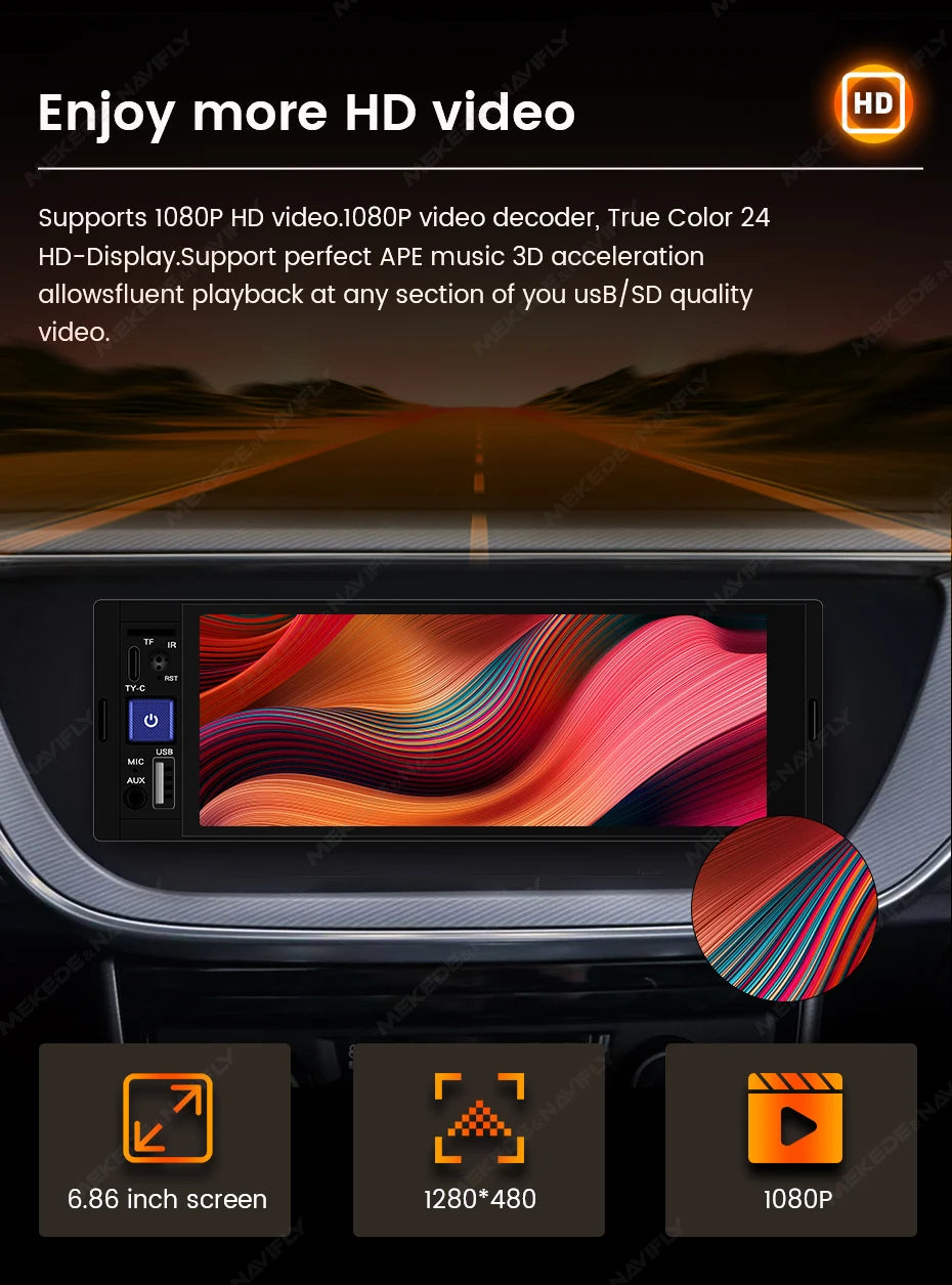 1DIN Universal MP5 6.86-Inch Car Radio Support Wireless Carplay Android AUTO AUX USB SWC BT Touch Screen Multimedia Video Player