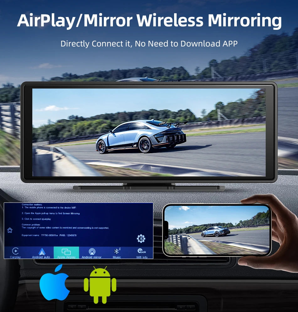 10.26 Inch Carplay & Android Auto 4K 2160P Wifi Dash Cam Rearview Camera Mirror Car DVR GPS Navigation Dual Lens Video Recorder