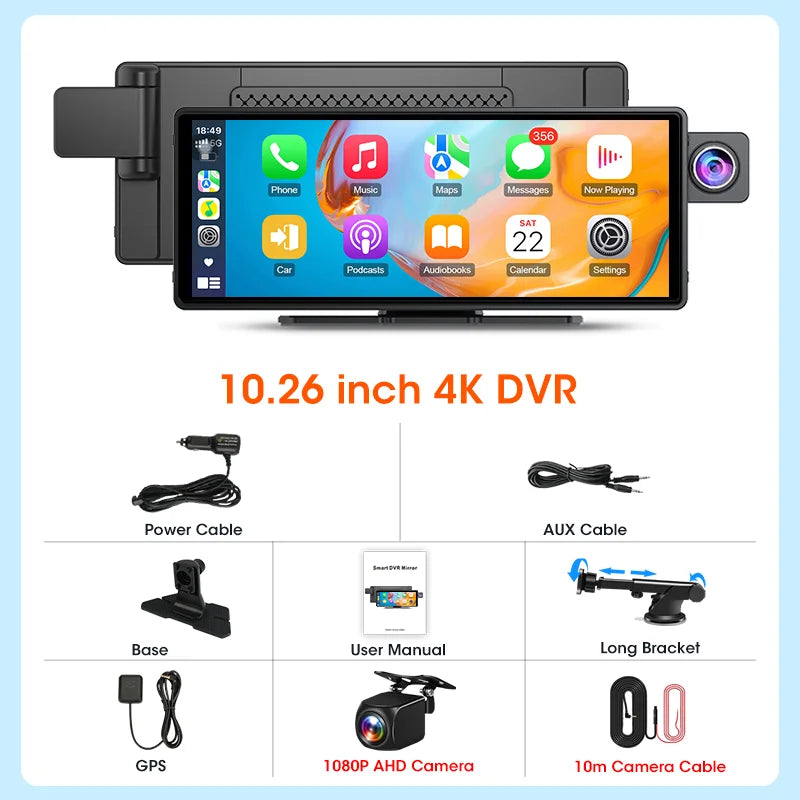 10.26 Inch Carplay & Android Auto 4K 2160P Wifi Dash Cam Rearview Camera Mirror Car DVR GPS Navigation Dual Lens Video Recorder