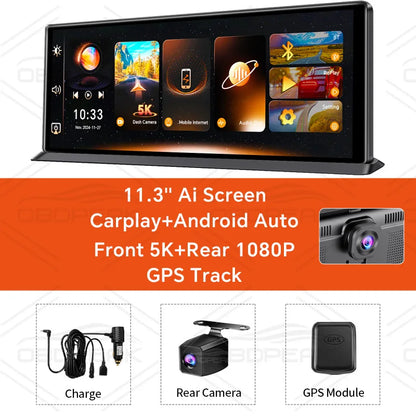 K8 Pro 11.3"  Touch Screen Car Camera 5K Dash Cam GPS 5G WiFi Wireless CarPlay & Android Auto Loop Recording GPS Navigation DVR