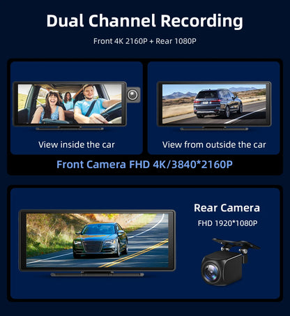 10.26 Inch Carplay & Android Auto 4K 2160P Wifi Dash Cam Rearview Camera Mirror Car DVR GPS Navigation Dual Lens Video Recorder