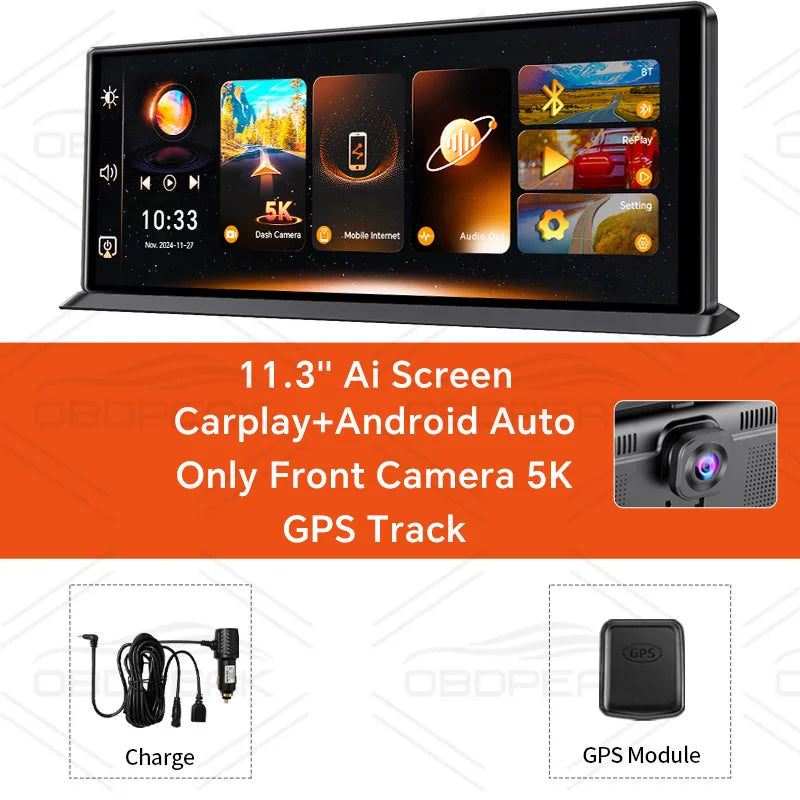 K8 Pro 11.3"  Touch Screen Car Camera 5K Dash Cam GPS 5G WiFi Wireless CarPlay & Android Auto Loop Recording GPS Navigation DVR