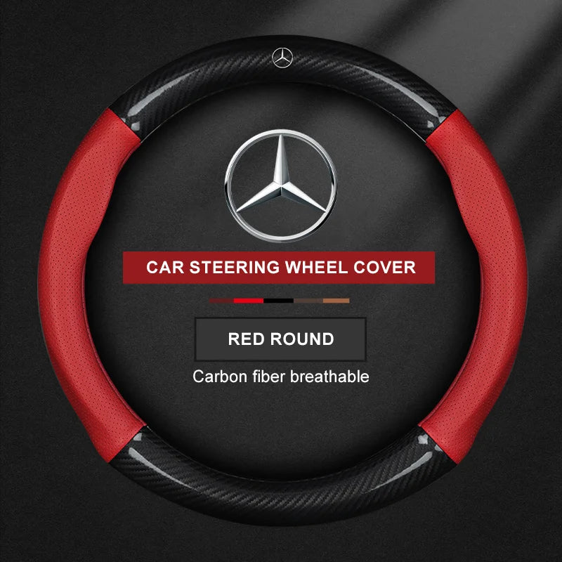 For Mercedes CLA GLA GLB GLE A B C E Class W203 W206 W205 W211 W212 W201 W210 Carbon Fiber Leather Car Logo Steering Wheel Cover